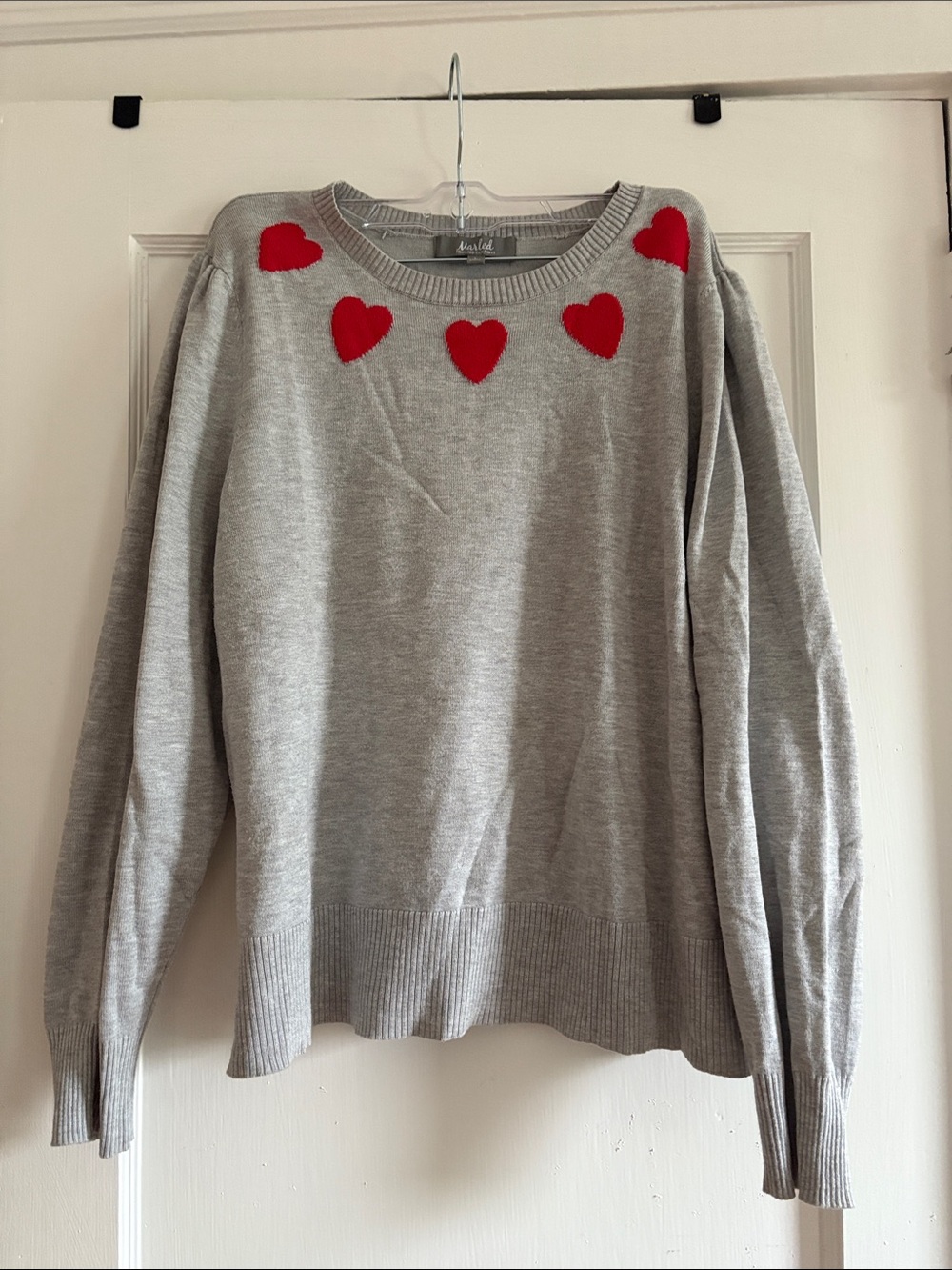 Marled Gray Crewneck Sweater with Red Heart Accents